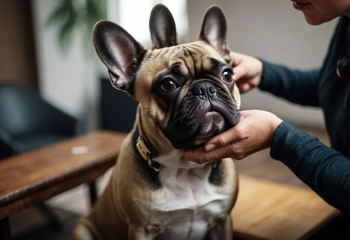 A French Bulldog sitting calmly while being brushed by its owner. The dog's coat is shiny and smooth, and it looks content and relaxed during the grooming process