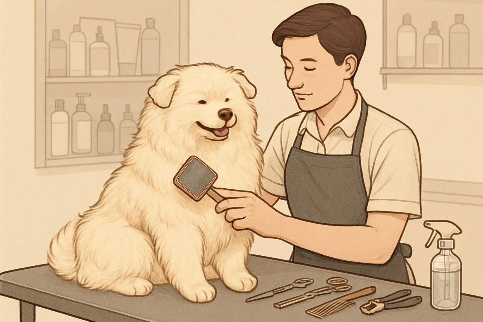 A groomer brushing a fluffy dog on a grooming table with grooming tools nearby in a clean, organized setting.