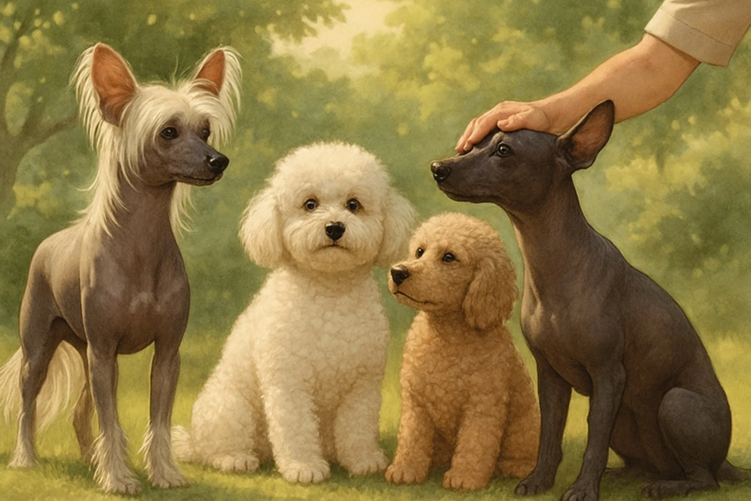 A group of hairless and minimally shedding hypoallergenic dogs calmly interacting outdoors with a person petting them.