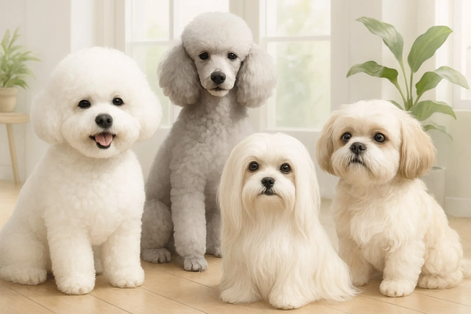 A group of fluffy hypoallergenic dogs including a Bichon Frise, Poodle, and Maltese sitting calmly in a bright, modern room with natural light and plants.