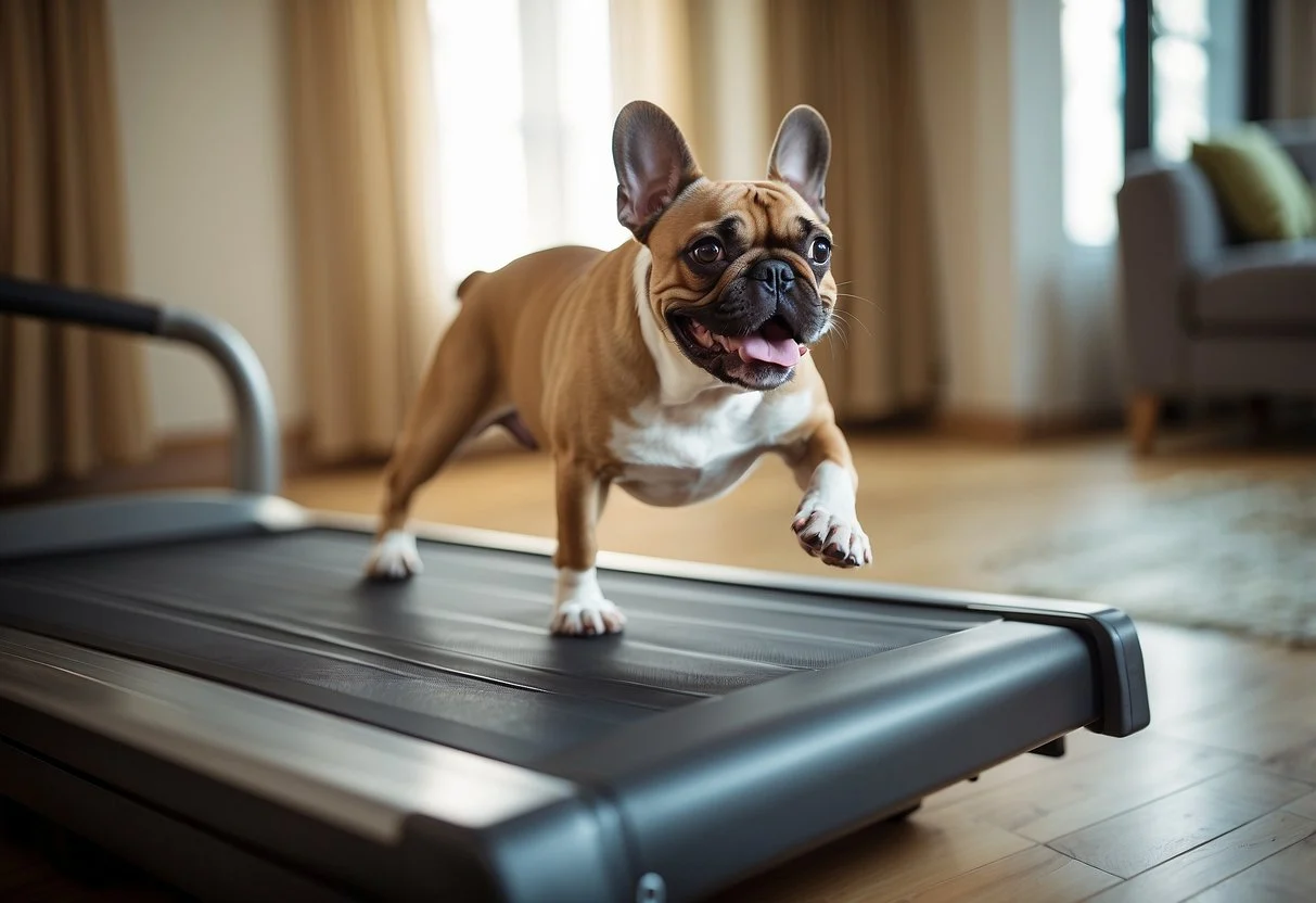 A French Bulldog running on a treadmill with a toy in its mouth, another doing yoga poses, and a third playing with a ball in a spacious, well-lit room