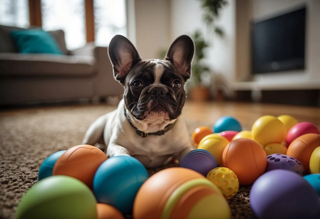 A French Bulldog playing with a variety of indoor toys and engaging in interactive games with their owner to meet their exercise needs