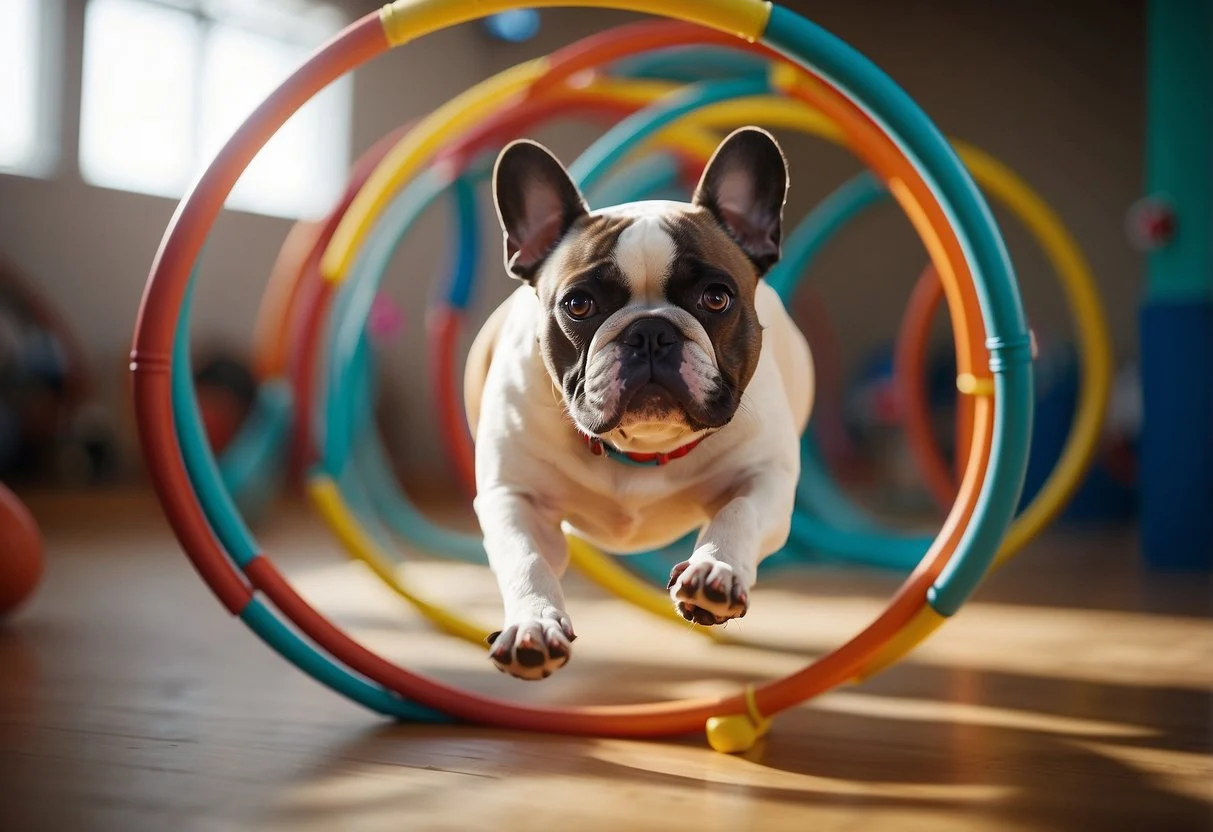 A French Bulldog jumps through hoops, weaves through cones, and plays with a ball in a bright, spacious room with colorful exercise equipment