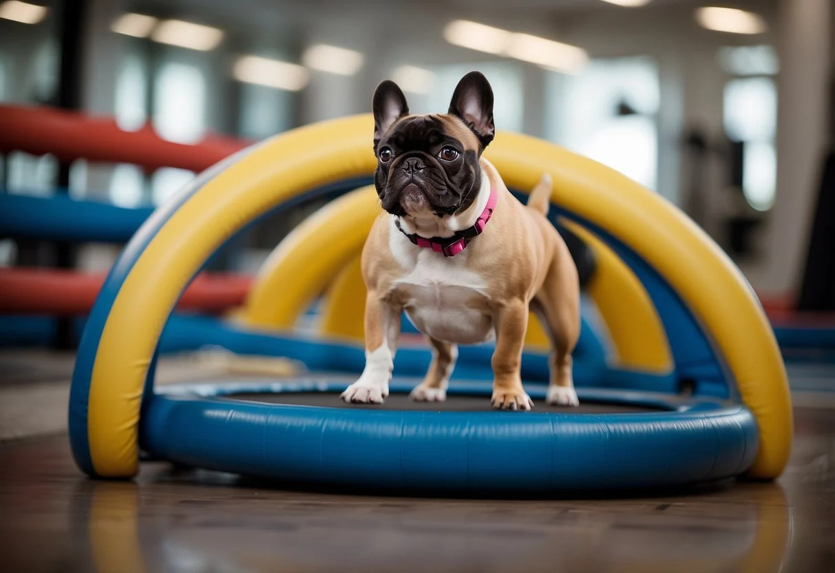 A French Bulldog doing indoor exercises: jumping through hoops, playing with a ball, and walking on a treadmill
