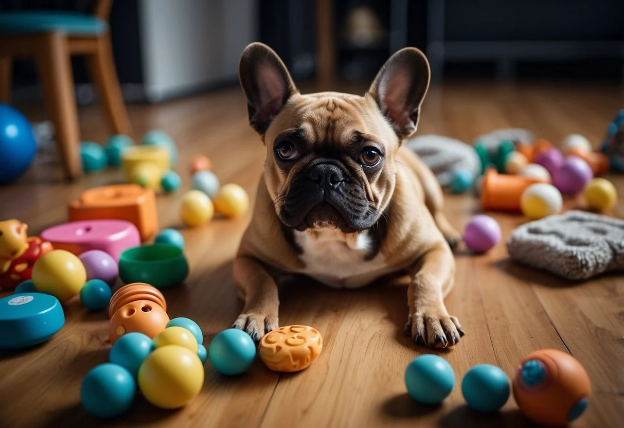 A French bulldog eagerly plays with mental stimulation games, surrounded by toys and treats