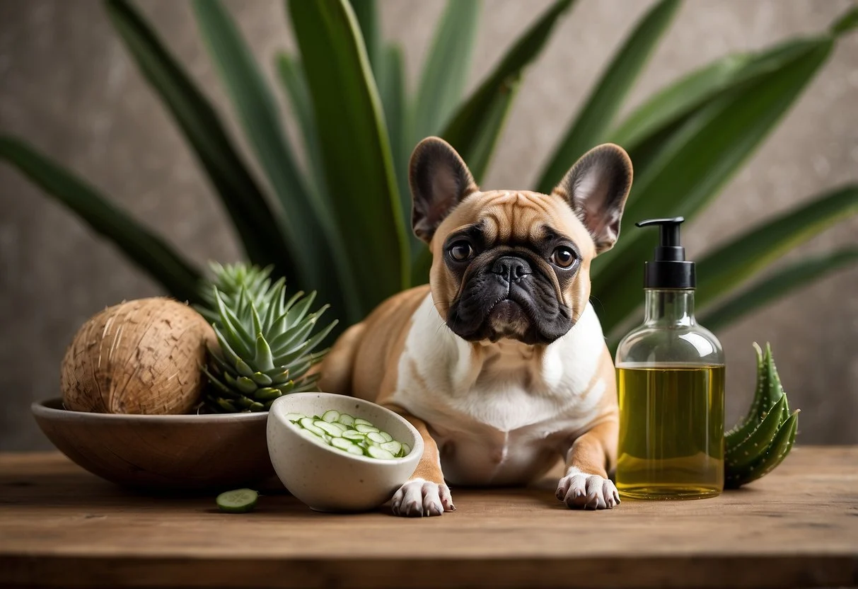 A French bulldog sits beside a bowl of coconut oil and aloe vera plant. Its dry skin is soothed by a gentle application of the natural remedies