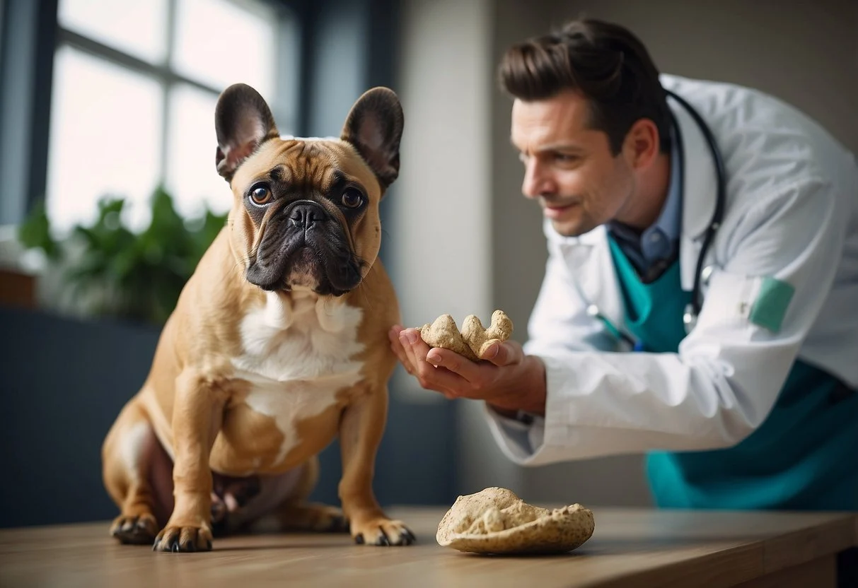 A French bulldog with dry skin looks up at a concerned owner, while a veterinarian offers natural remedies