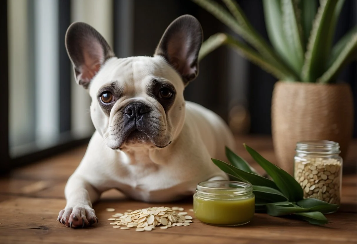 A French bulldog scratching its dry skin, surrounded by natural remedies like oatmeal, coconut oil, and aloe vera