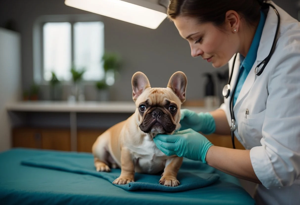 A fluffy French Bulldog is having its ears cleaned with gentle care, while a veterinarian demonstrates how to prevent ear infections