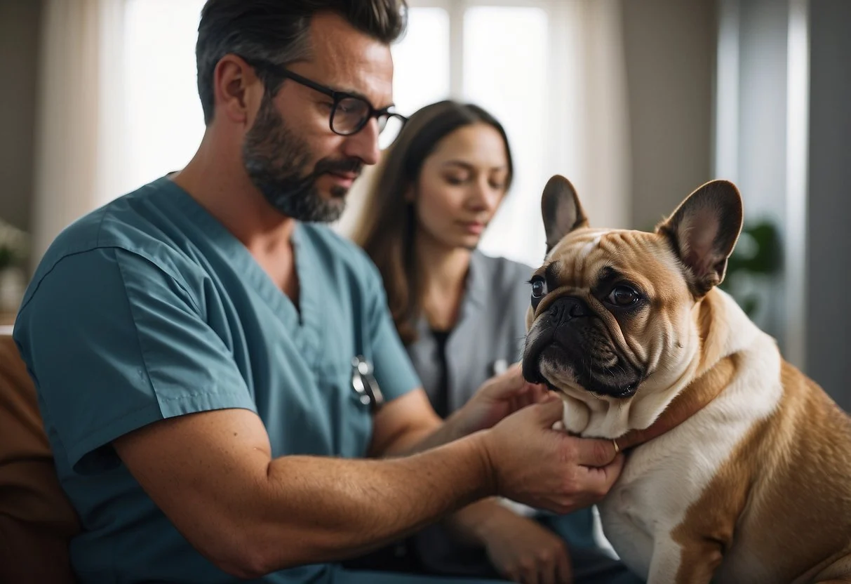 A veterinarian examines a fluffy French bulldog's ears, while a pet owner discusses health management to prevent ear infections