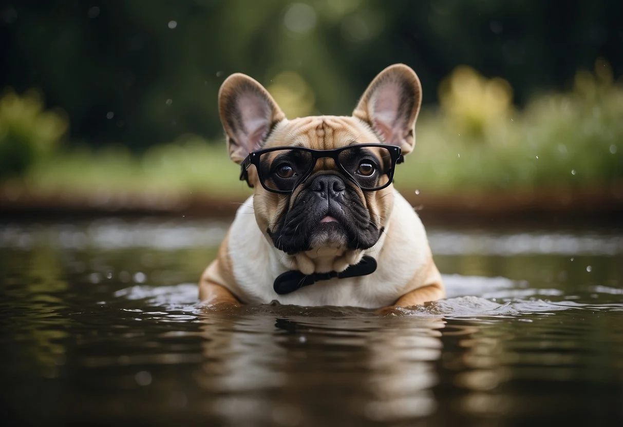 A fluffy French bulldog wearing ear protection while avoiding water and keeping ears dry