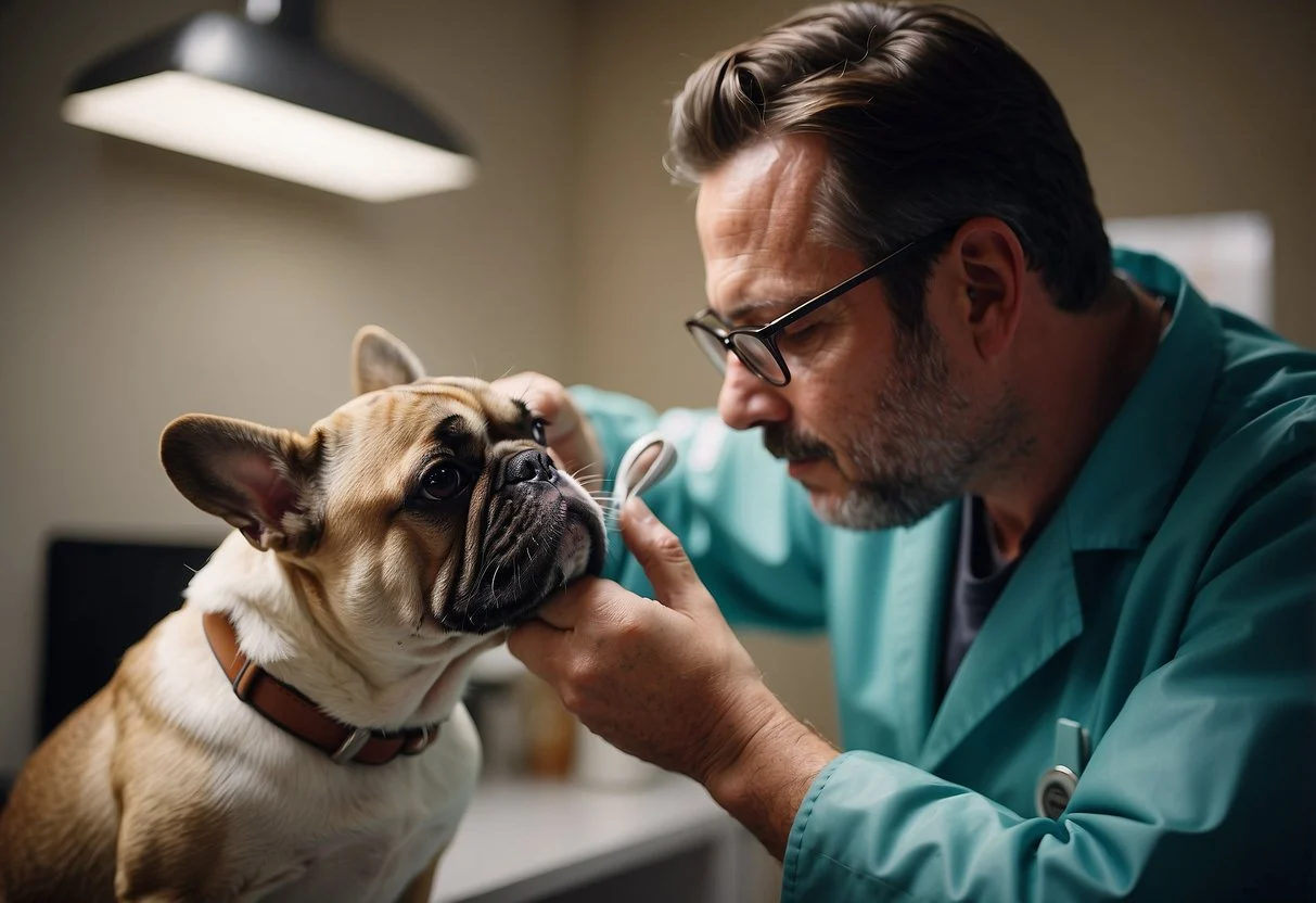 A veterinarian demonstrating ear cleaning on a fluffy French bulldog with a visual aid of ear anatomy and cleaning tools