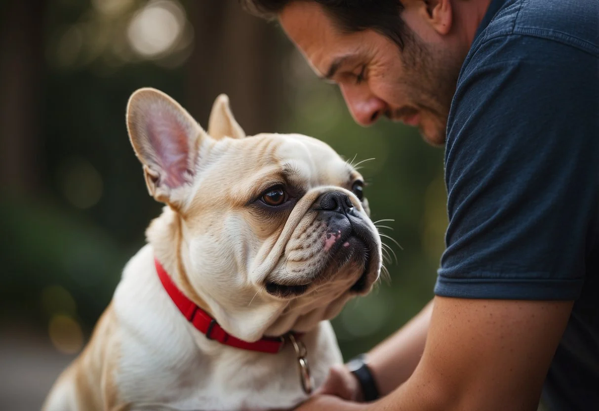 A fluffy french bulldog scratches its red, irritated skin while a concerned owner observes