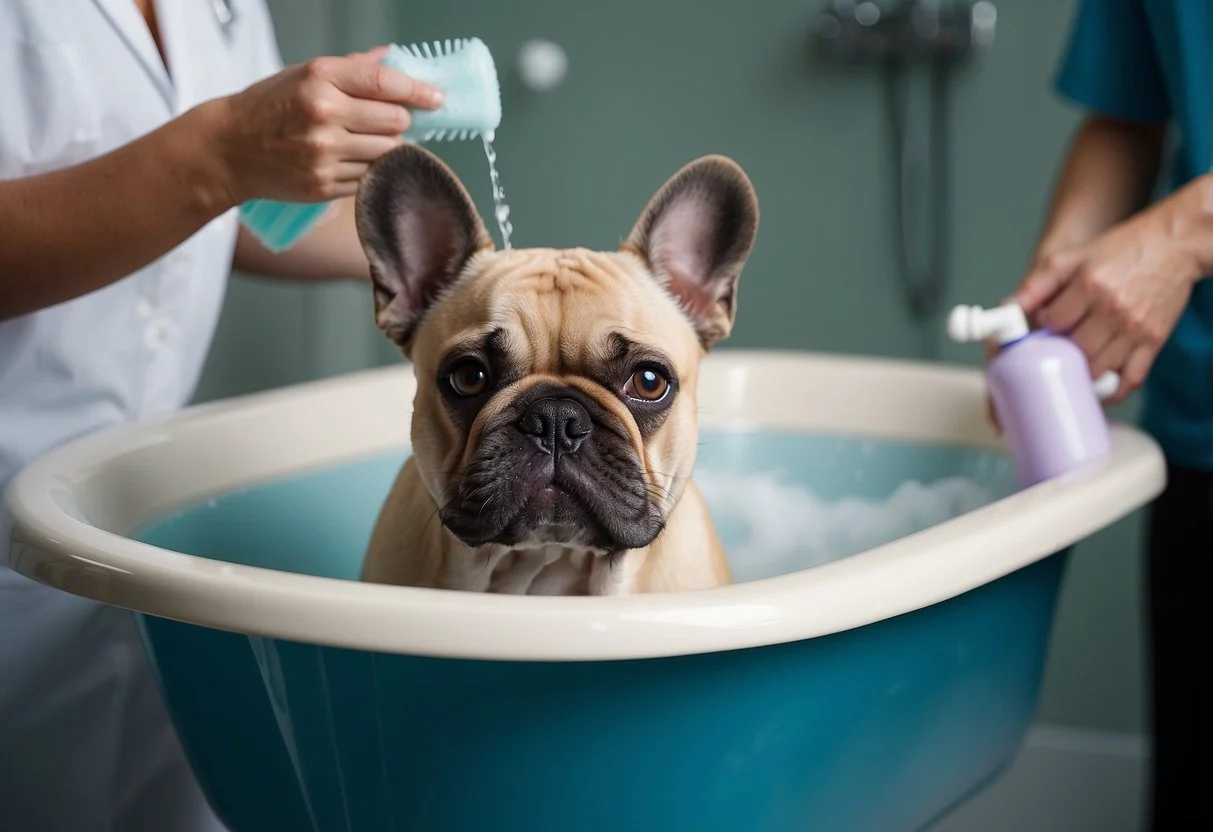 A fluffy French bulldog receiving a soothing bath with hypoallergenic shampoo, while a veterinarian administers allergy medication