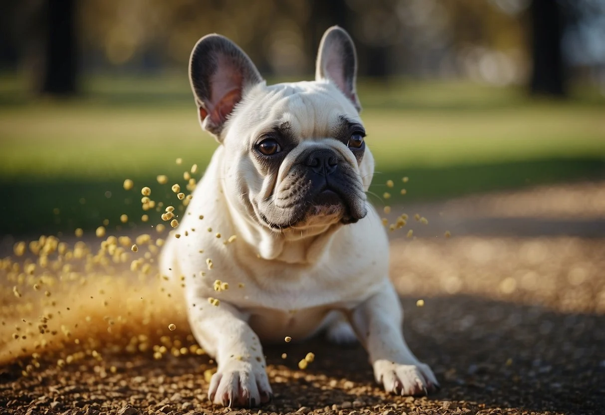 A fluffy French bulldog scratching its irritated skin, surrounded by various allergens like pollen, dust, and food