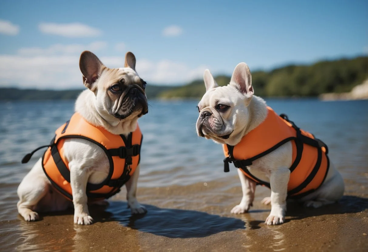 Fluffy Frenchies wearing life jackets, staying close to the shore, and being supervised by a responsible adult