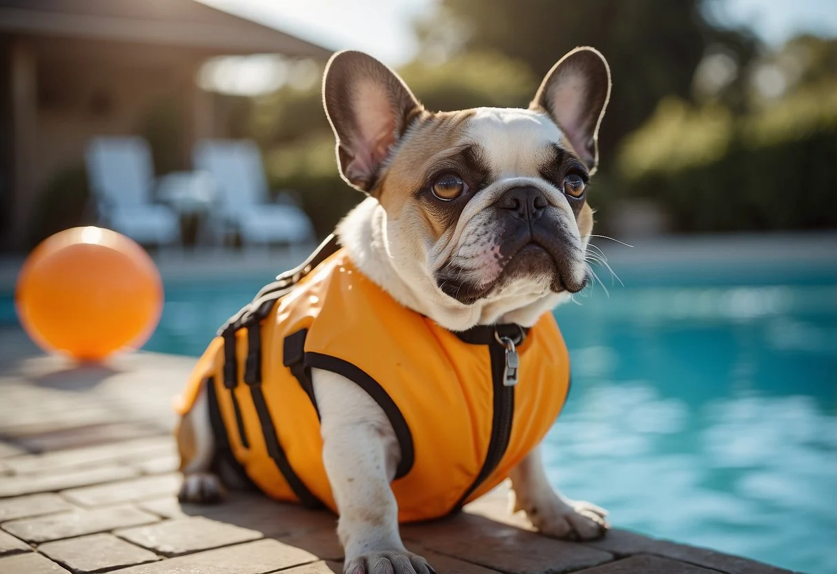 A Frenchie dog sits by the pool, wearing a life jacket and getting sunscreen applied by a caring owner. A safety float and toys float in the water