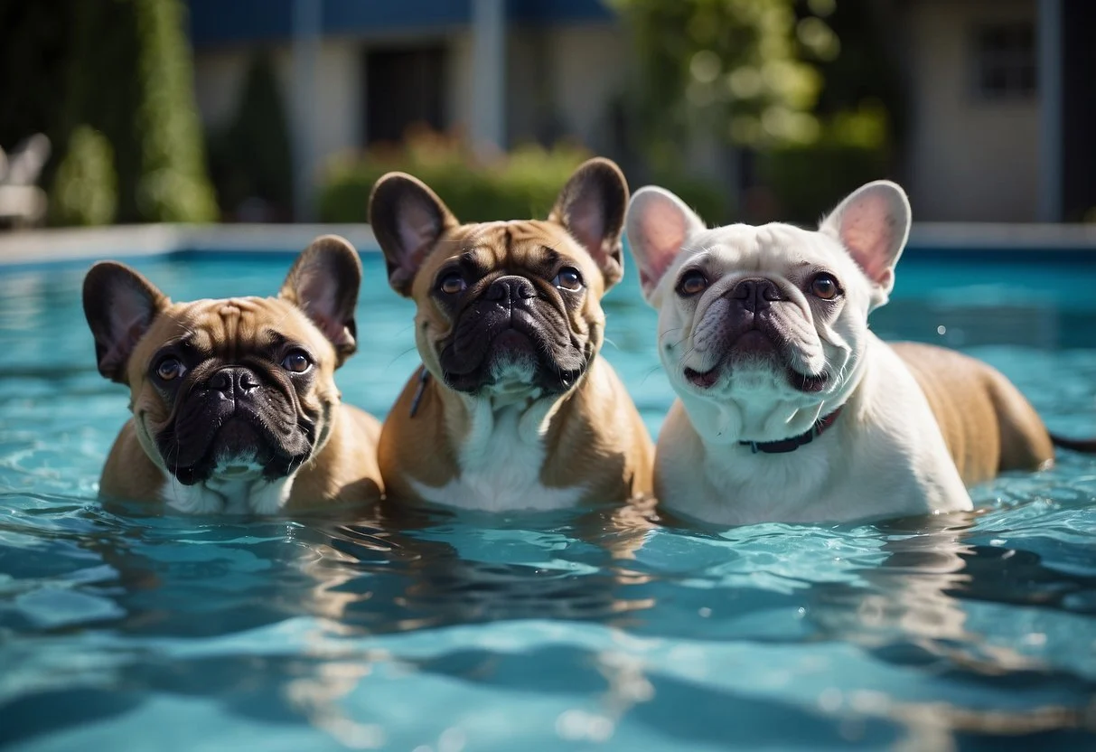 A group of fluffy French bulldogs are learning to swim in a pool, while a trainer teaches water safety tips