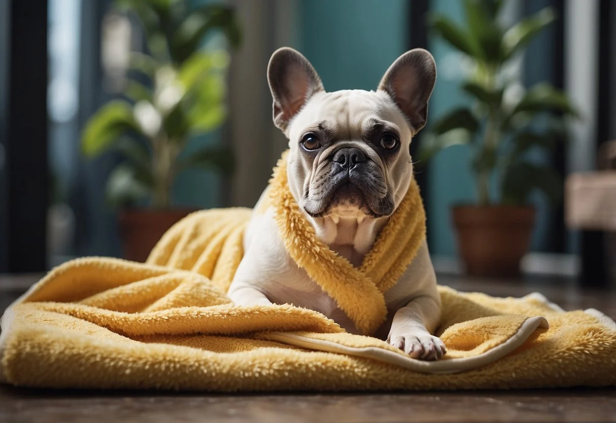 A fluffy French Bulldog is being gently dried with a soft towel after swimming, surrounded by safety tips for swimming with dogs