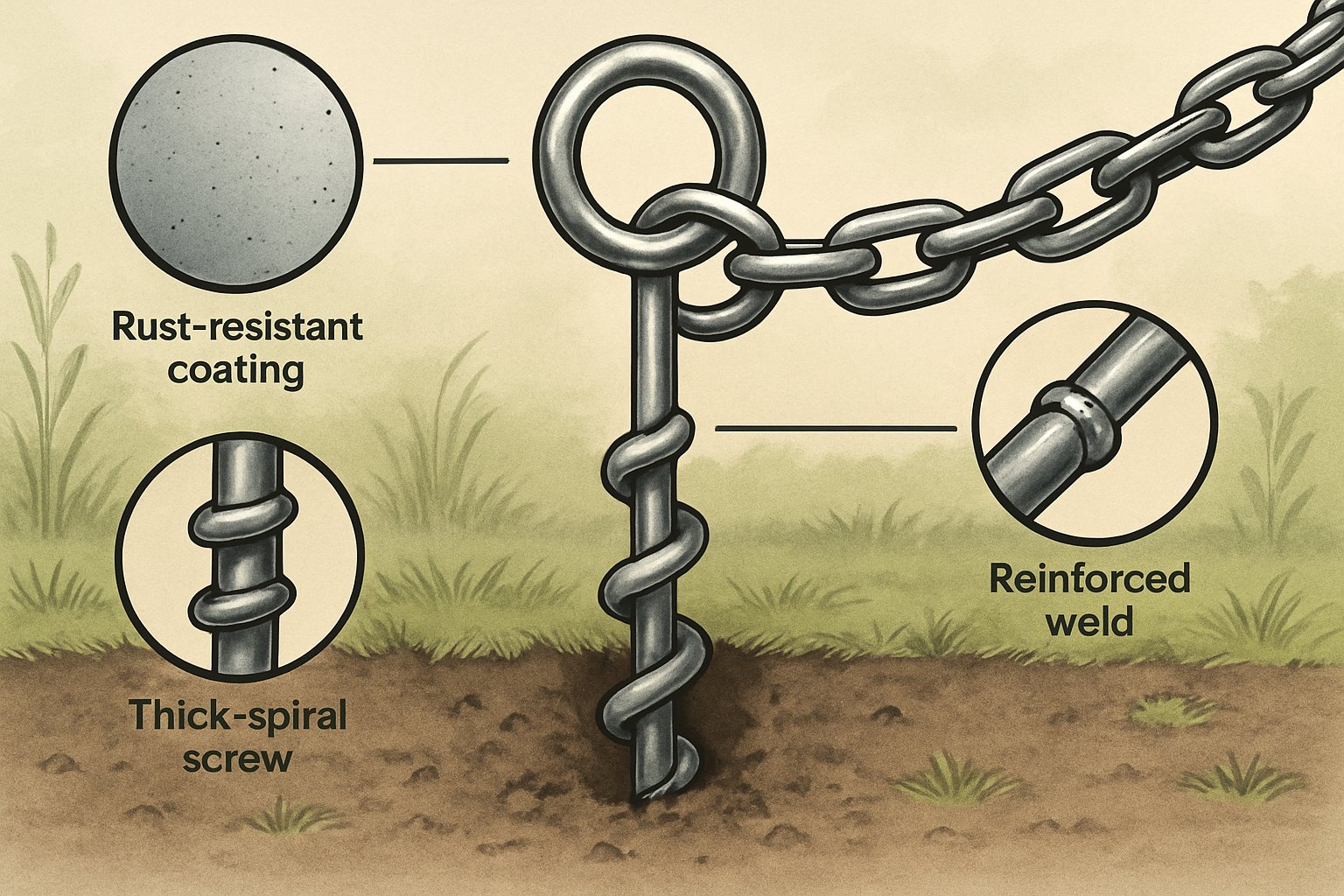 A heavy-duty metal dog stake ground anchor partially screwed into the ground with a leash attached, set outdoors on grass and soil.