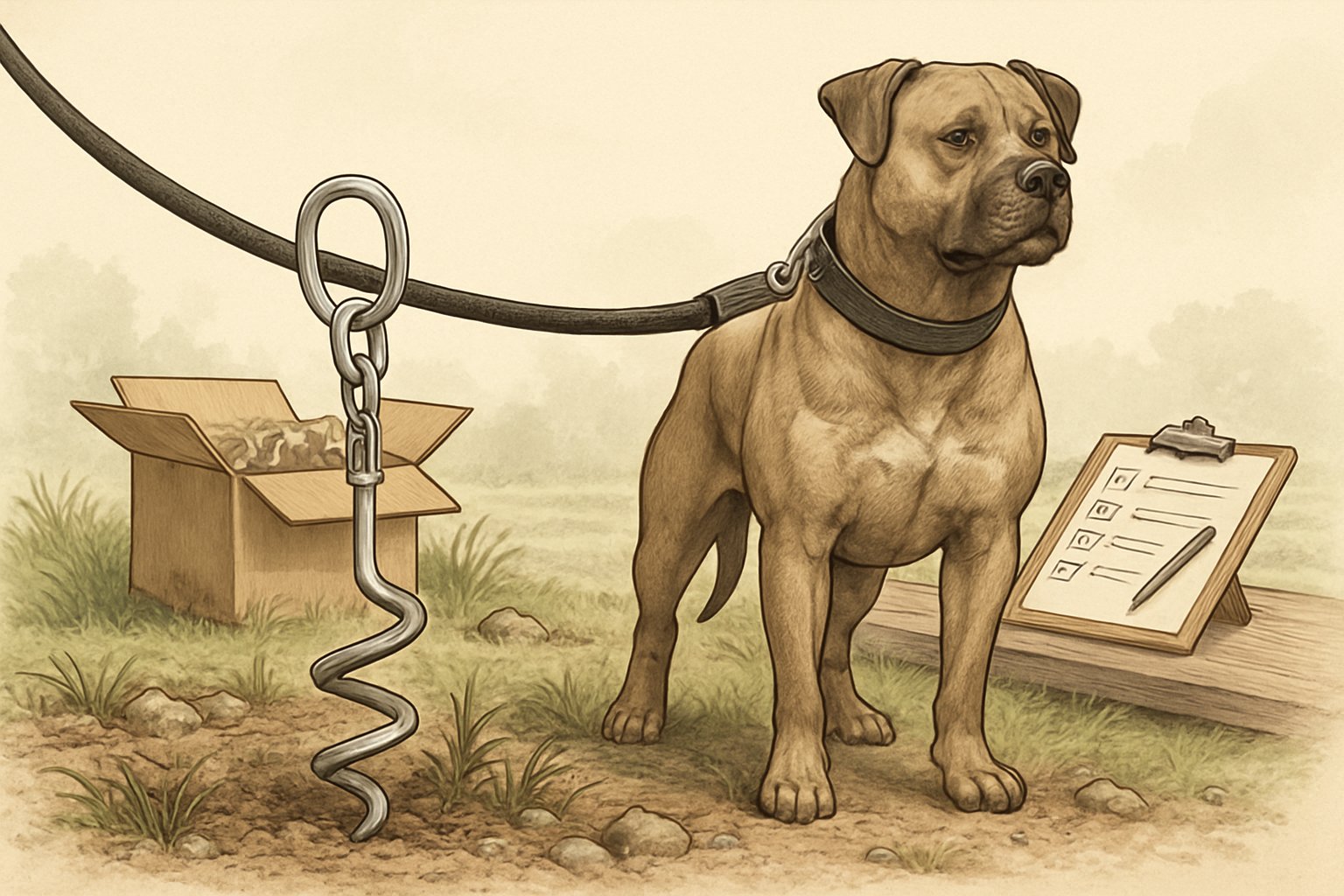 A large dog securely tethered to a heavy duty ground anchor embedded in the ground outdoors, with a shipping box and checklist nearby.