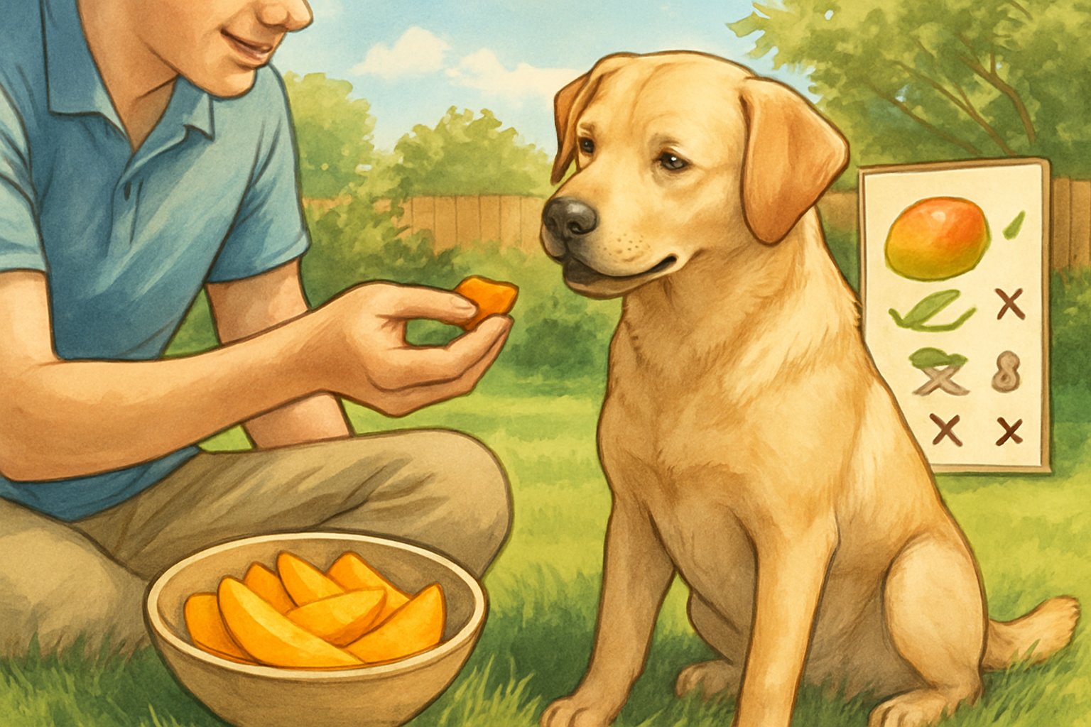 Are Dogs Allergic to Mango? Shocking Signs Dog Owners Miss 3 A person offering a small piece of mango to a happy dog in a sunny backyard with a bowl of mango slices nearby.