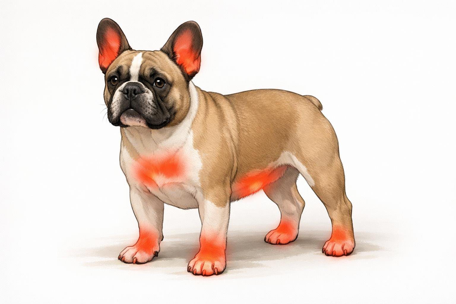 Illustration of a French Bulldog with several areas on its body highlighted to show common hot spots.