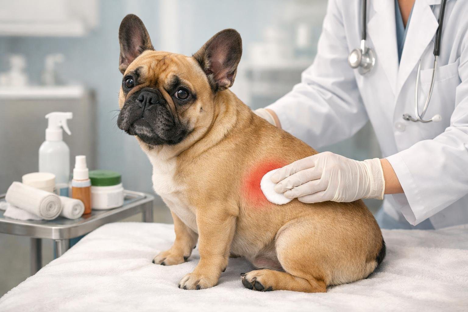 A French Bulldog being gently examined by a veterinarian for a skin irritation on its side in a veterinary clinic.