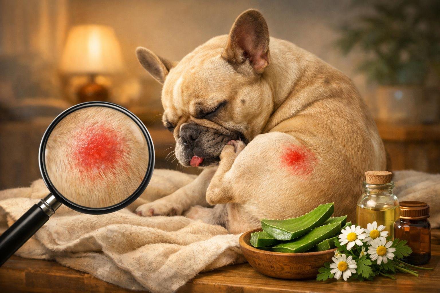 A French bulldog sitting on a blanket, gently scratching a red irritated spot on its skin with natural remedies nearby.