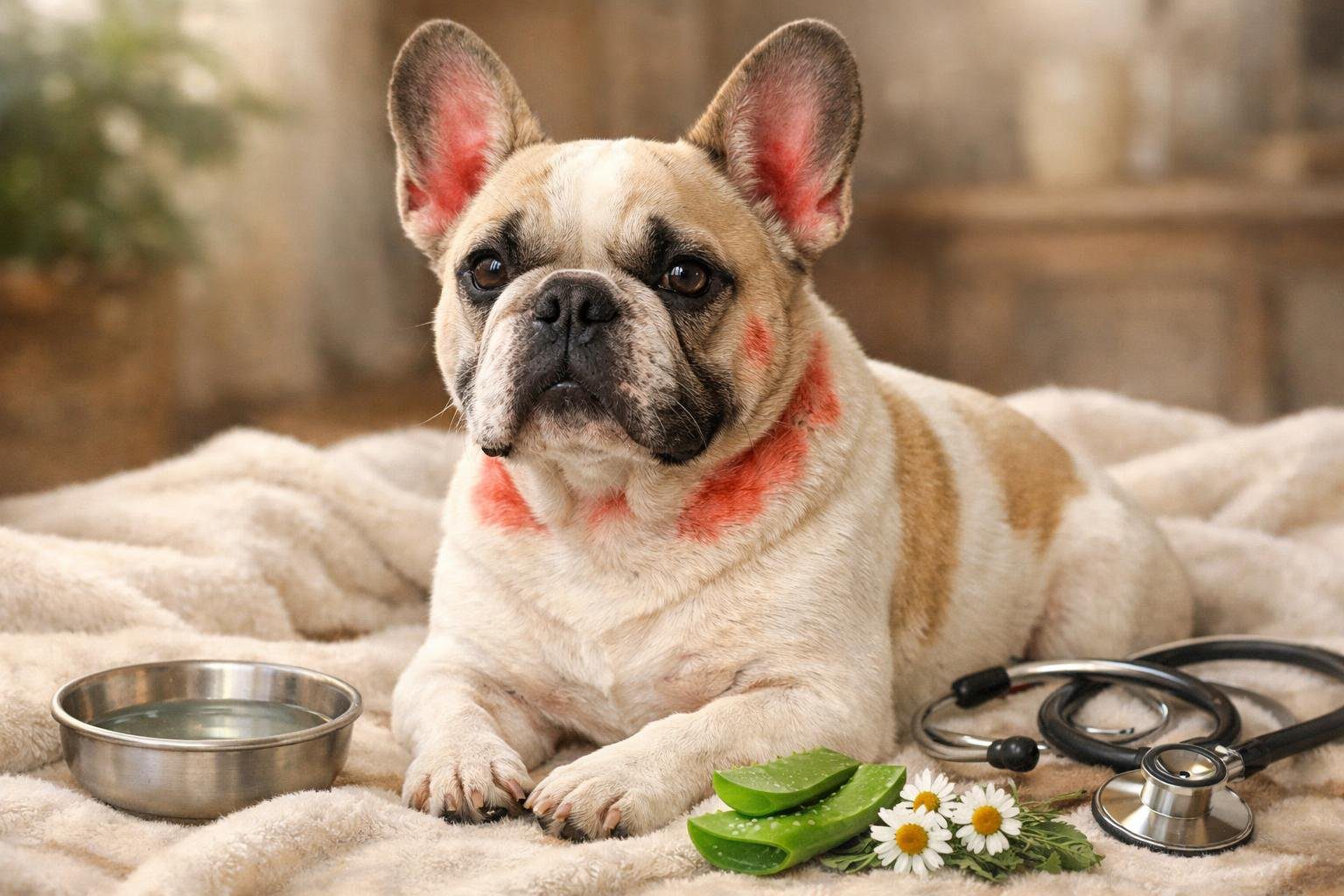 A French Bulldog sitting on a blanket with red irritated patches on its neck and ears, surrounded by a bowl of water, a stethoscope, and natural remedy plants.