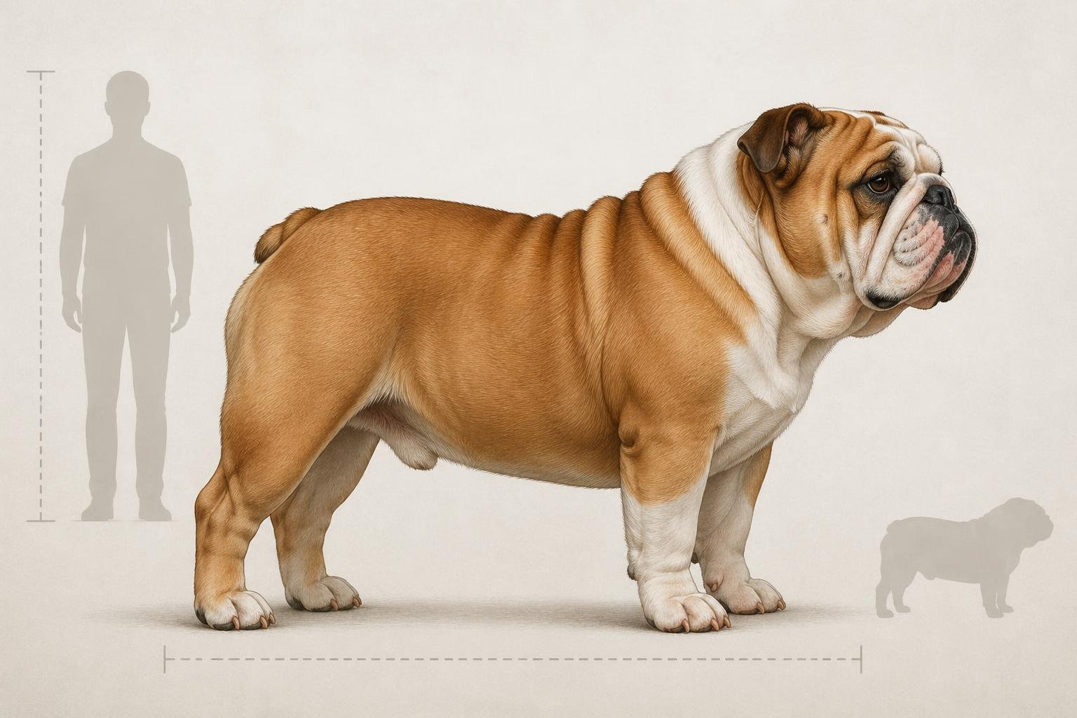 English Bulldog Size Chart: Weight & Growth By Age 2 An adult English Bulldog standing in profile showing its size and build with measurement indicators around it.