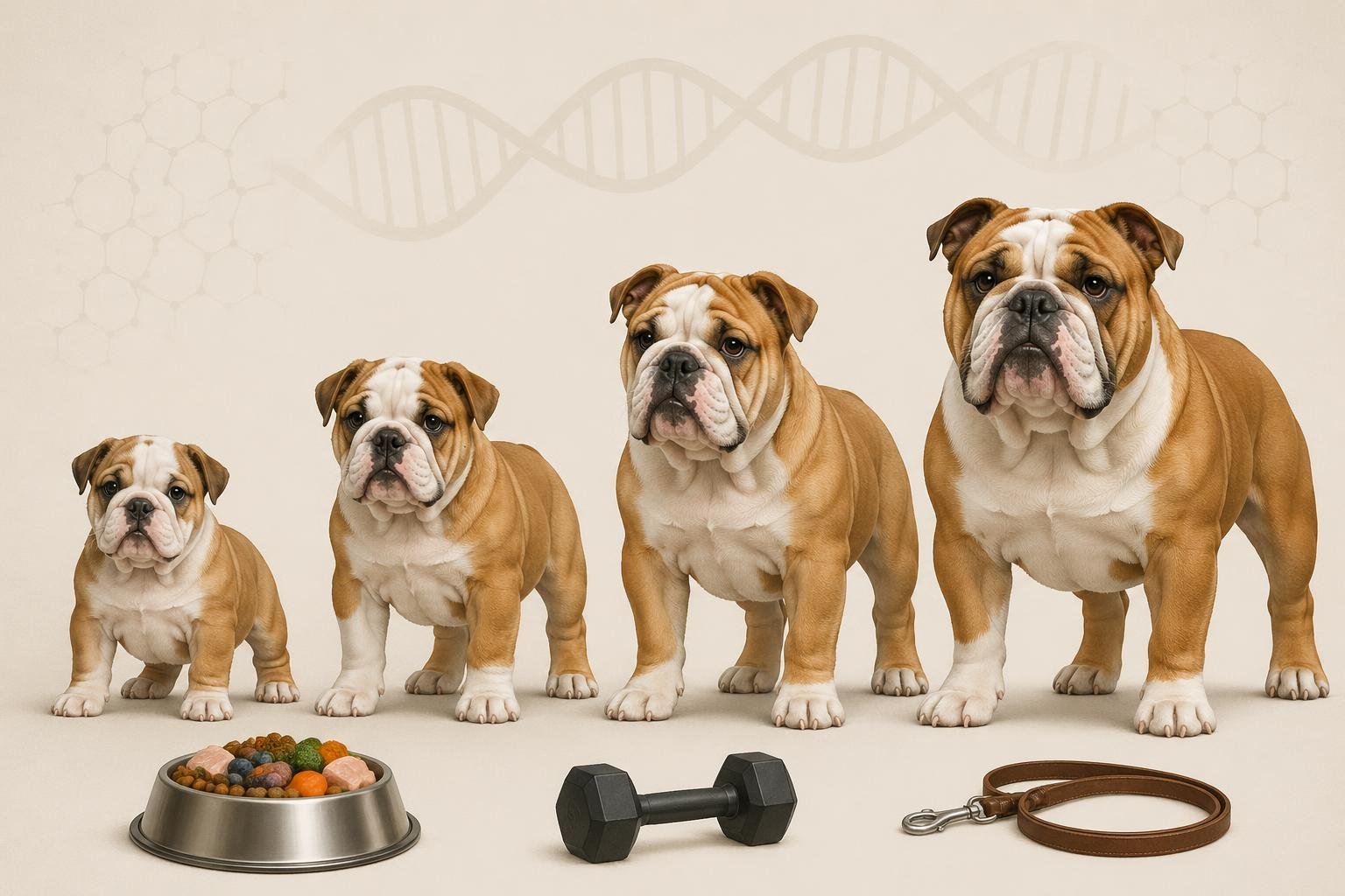 English Bulldog Size Chart: Weight & Growth By Age 3 Illustration showing four English Bulldogs at different growth stages from puppy to adult, with icons representing nutrition, exercise, and genetics.