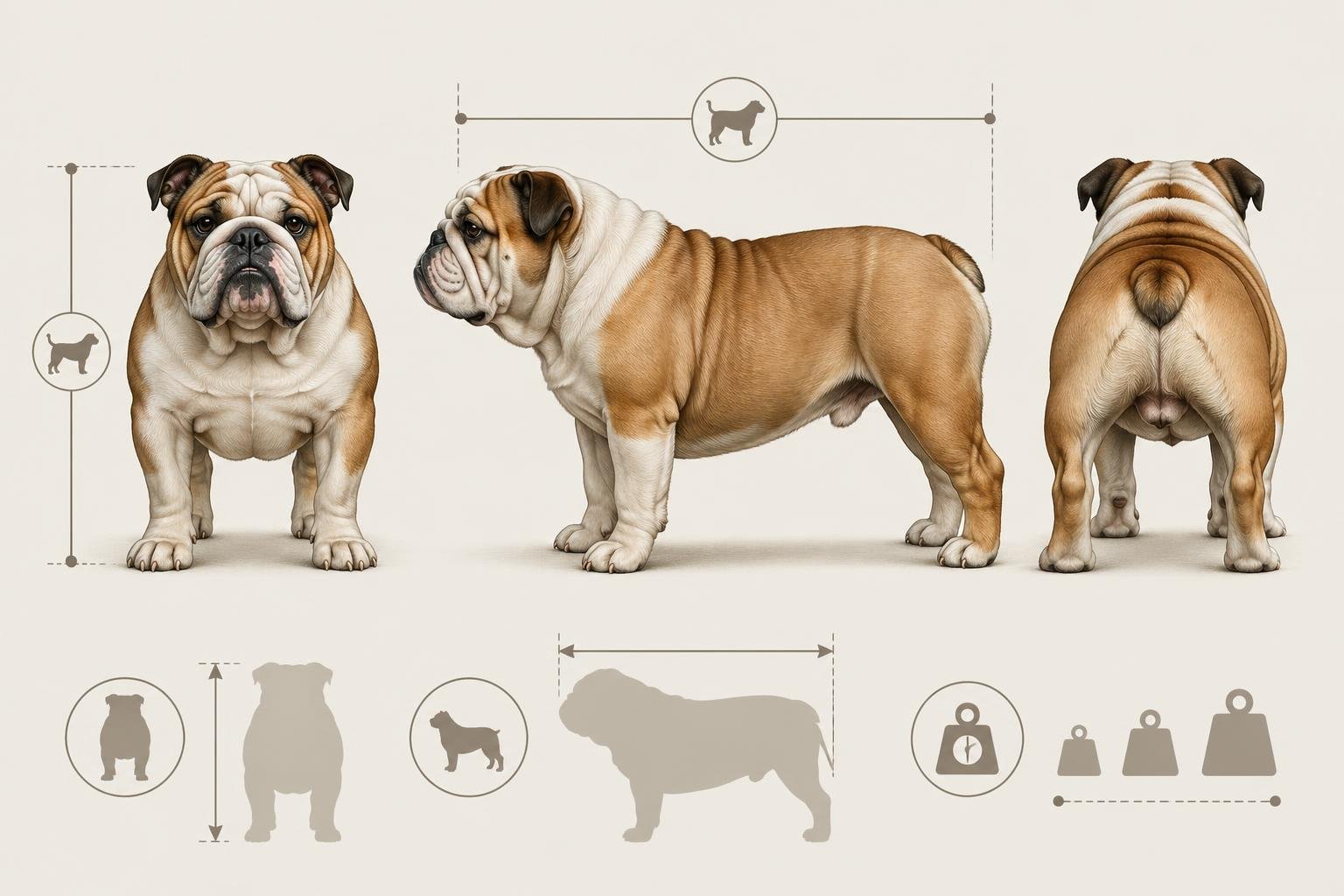 English Bulldog Size Chart: Weight & Growth By Age 4 Multiple views of an English Bulldog showing its size and proportions with measurement lines around the dog.