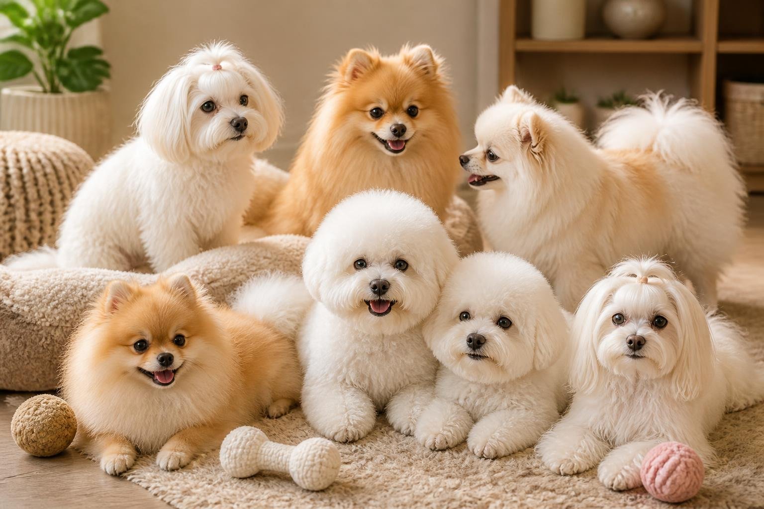 Several small fluffy dogs of different breeds sitting and playing together in a cozy indoor space.