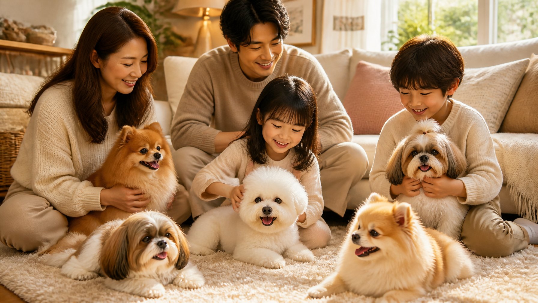 A family spending time with several fluffy small dogs inside a cozy living room.