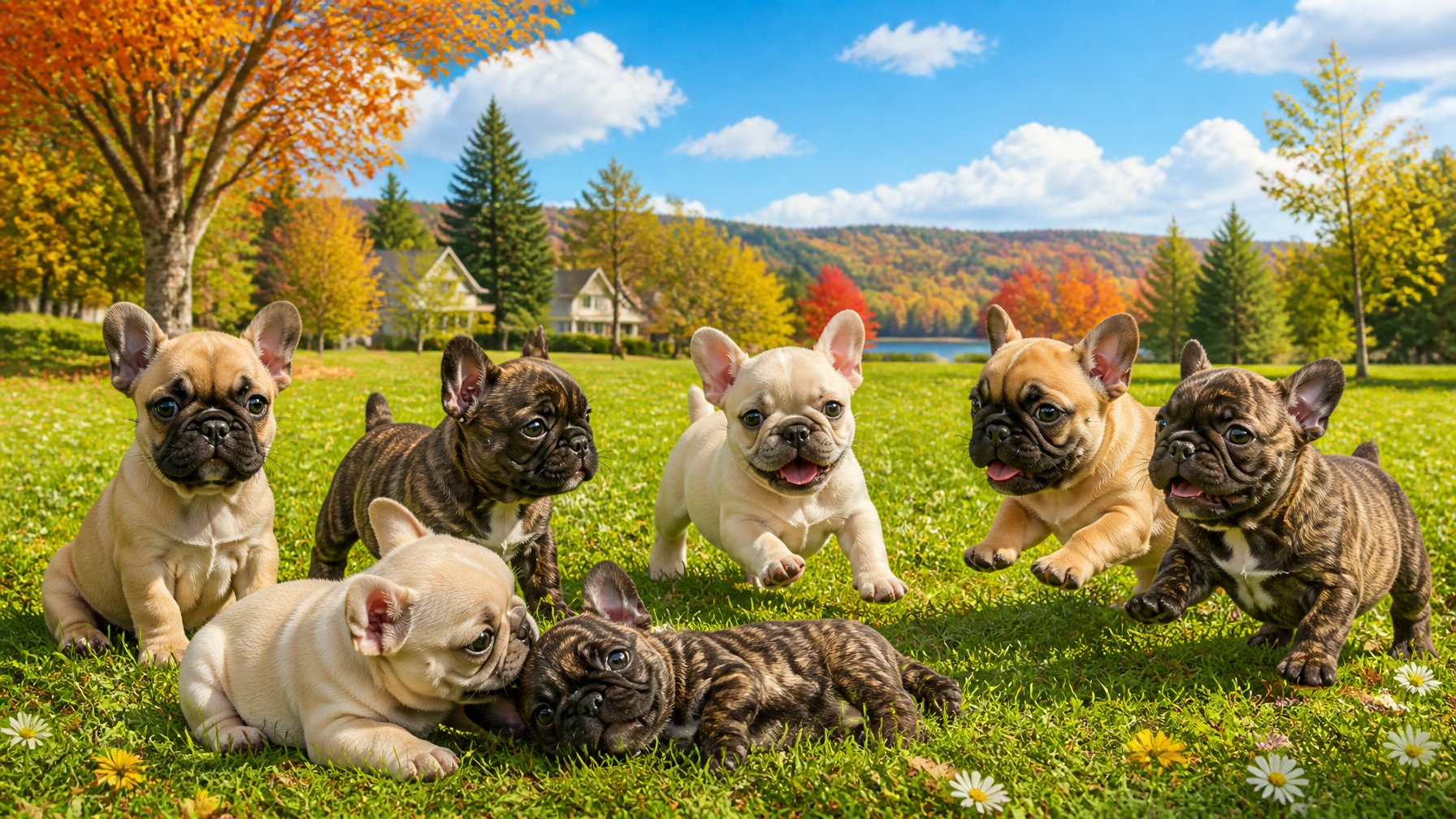A group of French Bulldog puppies playing on green grass in a park with trees and houses in the background.