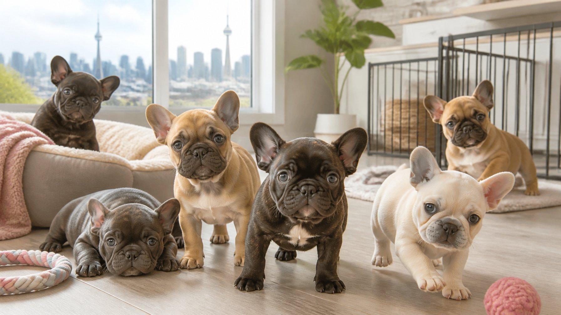 A group of healthy French Bulldog puppies playing indoors in a clean and cozy room.