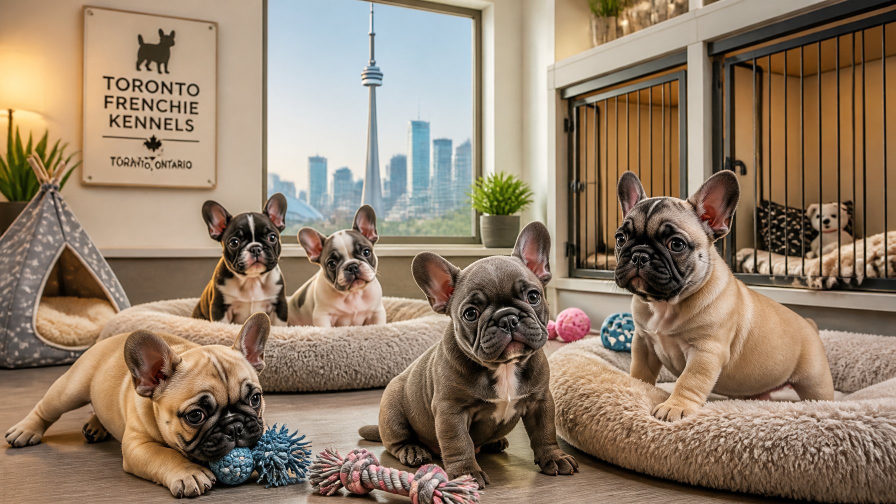Several French Bulldog puppies playing together inside a clean kennel with a city view in the background.