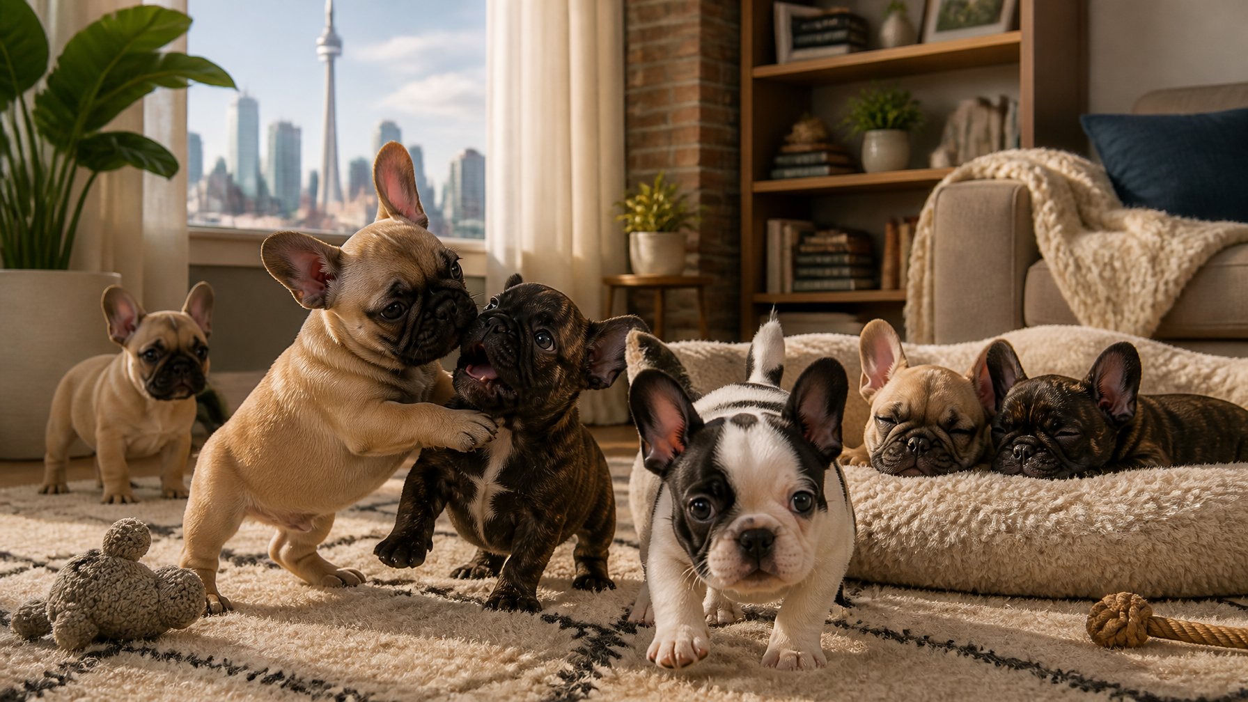 A group of French Bulldog puppies playing and resting in a cozy living room with a window showing a city skyline.