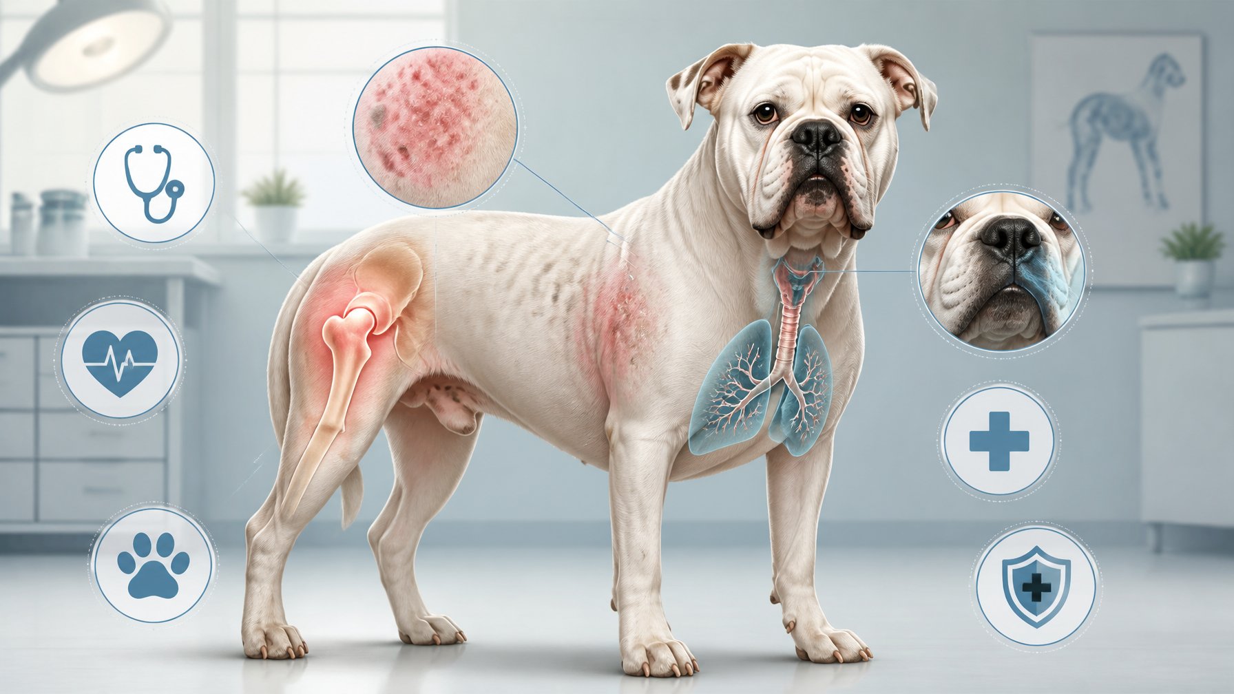 An American Bulldog standing calmly with visual highlights on its joints, skin, and chest to indicate common health concerns, set against a clean background with veterinary care symbols around it.