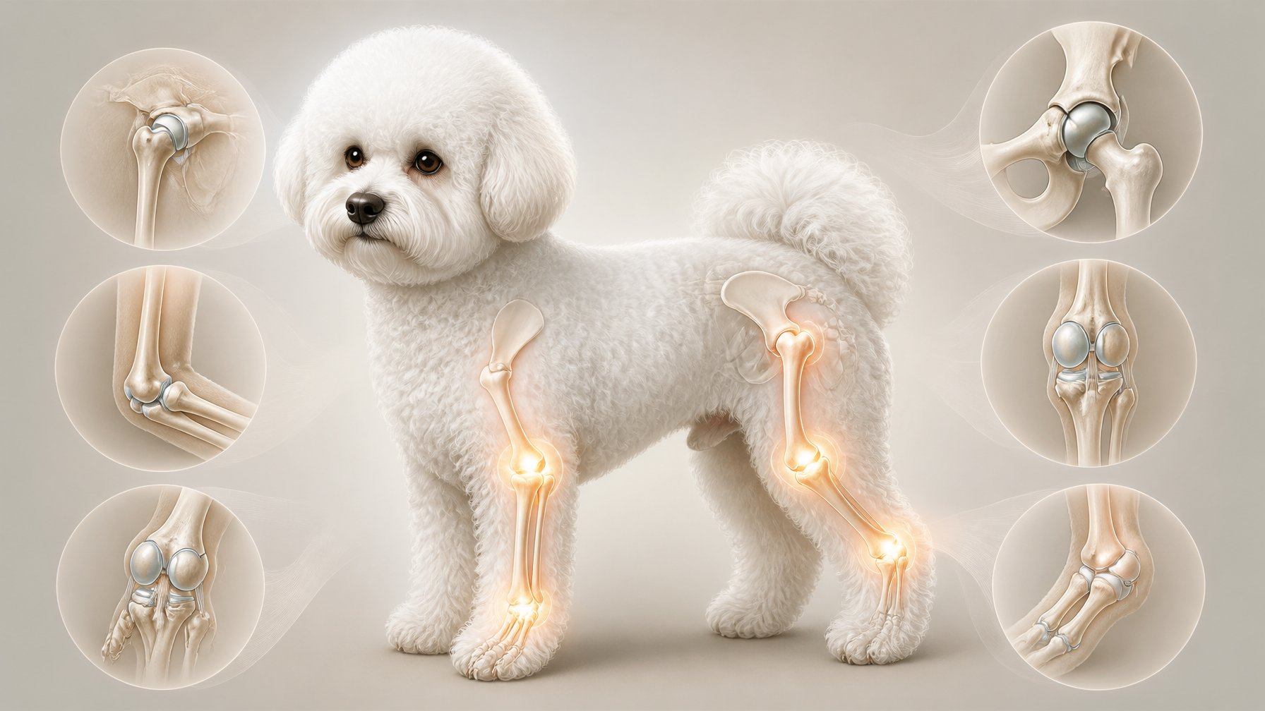 A Bichon Frise dog standing with highlighted joints and translucent overlays showing its bone and joint structures.