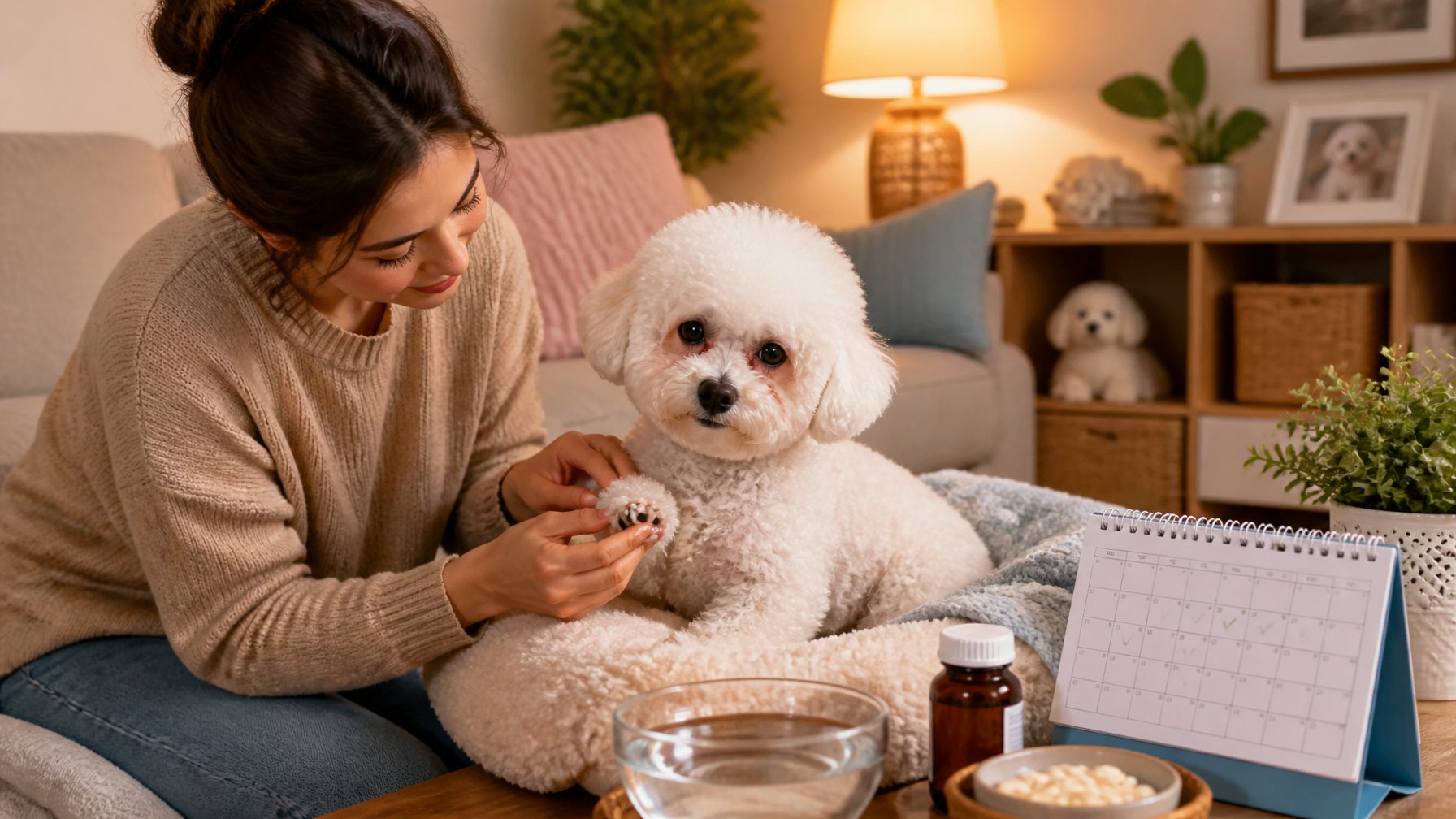 A person caring for a Bichon Frise dog at home, gently inspecting its paw in a cozy living room with pet care items nearby.