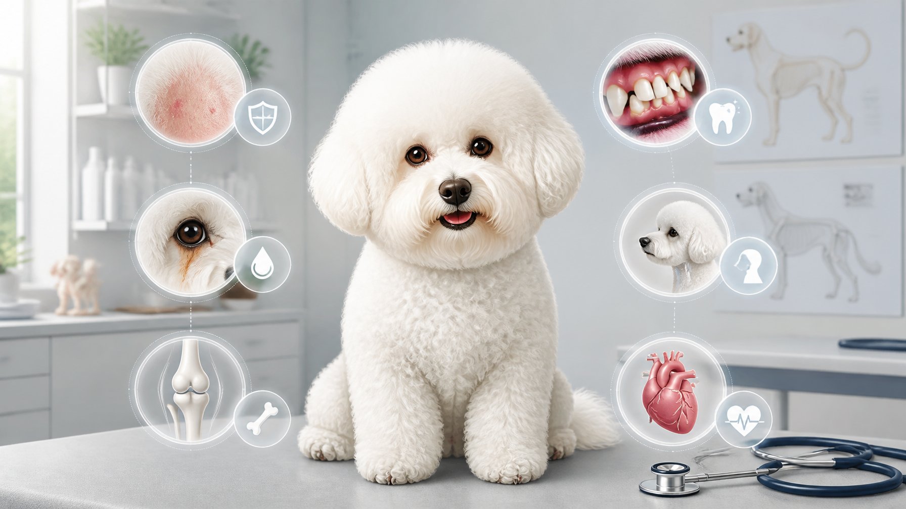 A Bichon Frise dog sitting calmly in a veterinary clinic with medical symbols around it representing health issues.
