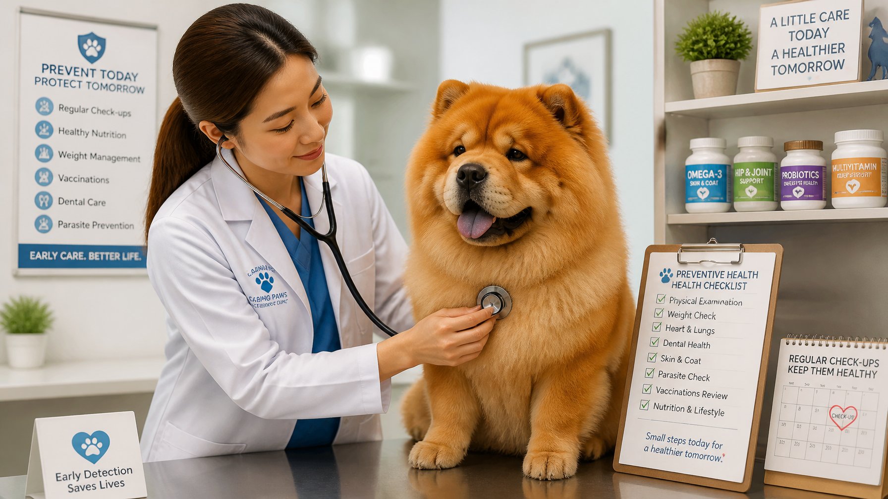 A veterinarian gently examining a calm Chow Chow dog in a veterinary clinic, emphasizing early health care and prevention.