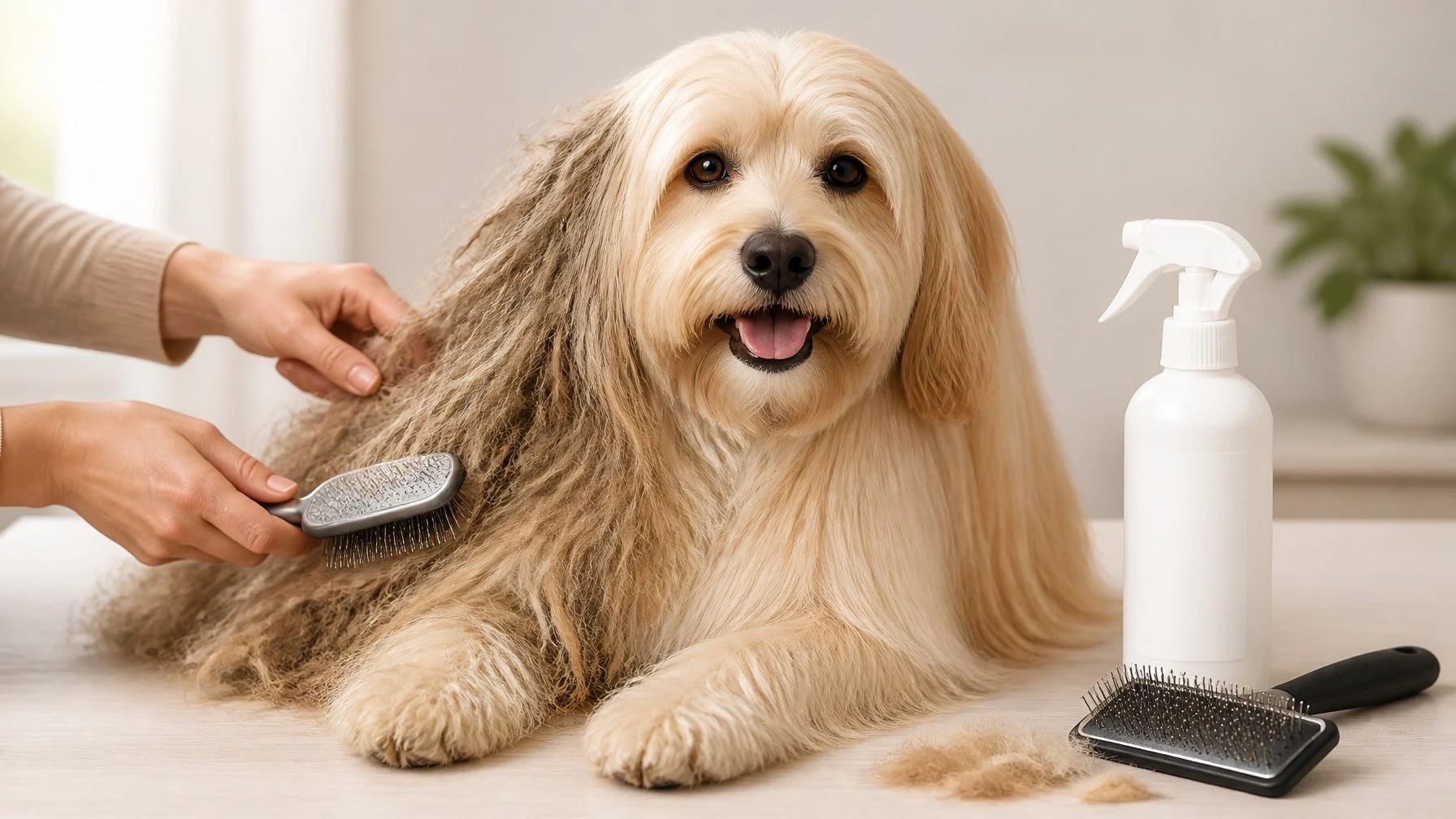 A relaxed dog with matted fur beside a blank spray bottle, brush, and loose fur, showing tangled and smoothed fur.