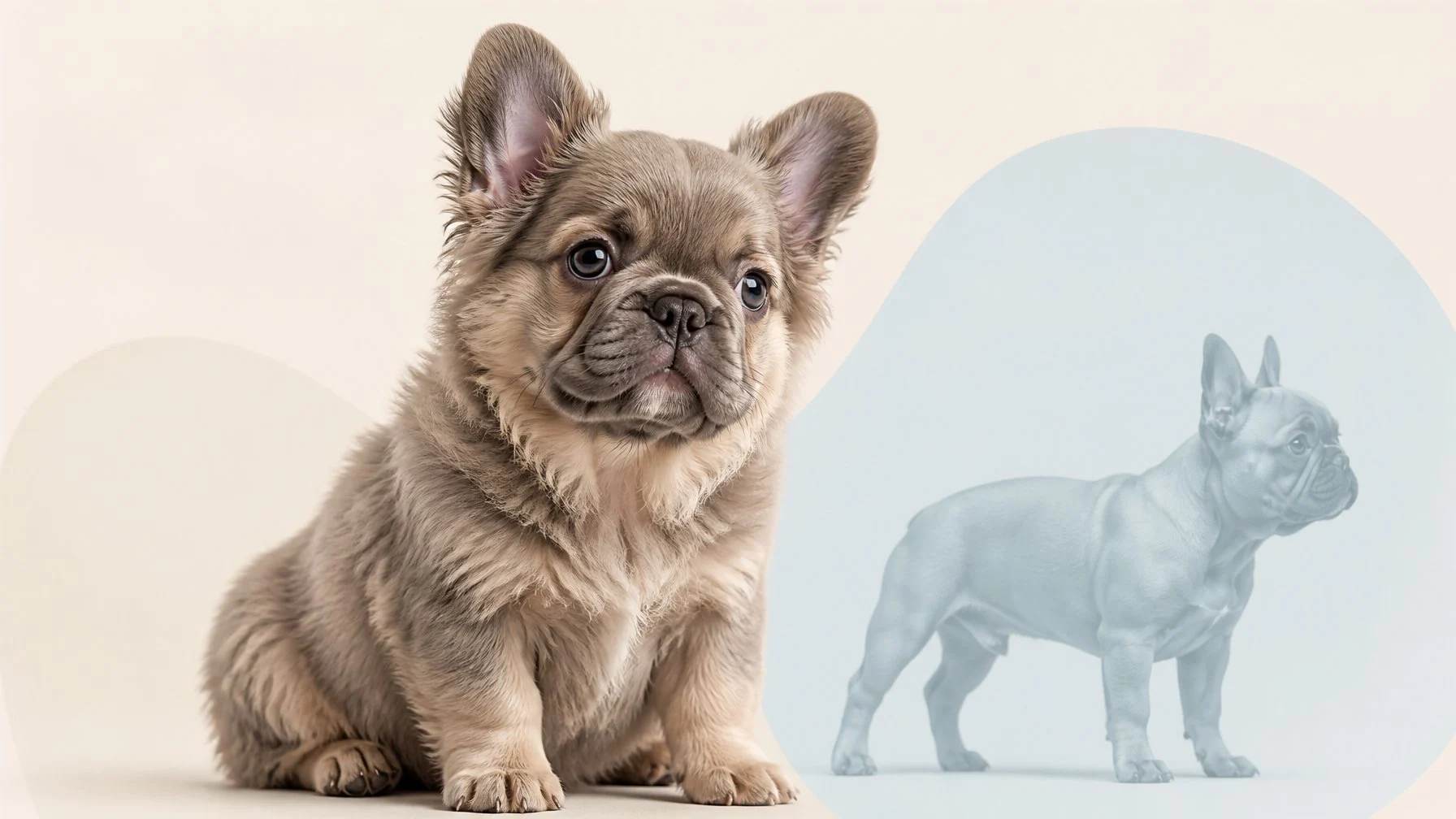 A fluffy French bulldog puppy shown beside a subtle comparison of a short-haired French bulldog.