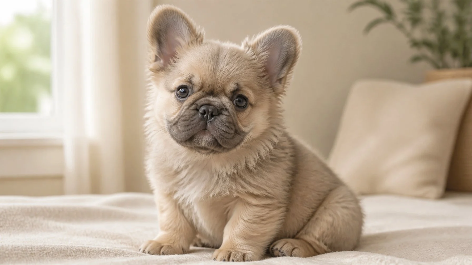 A fluffy French bulldog puppy sits indoors, showing its soft longer coat around the face, ears, neck, and body.