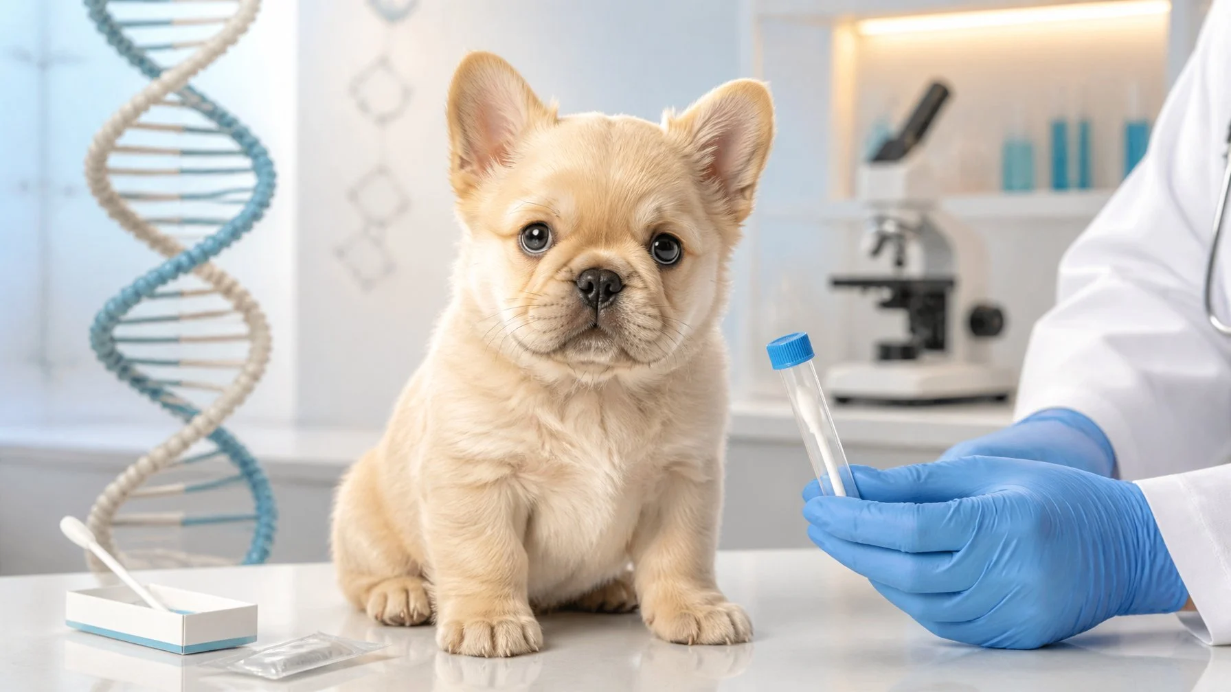 A fluffy French bulldog puppy beside a DNA testing kit and laboratory sample in a veterinary setting.