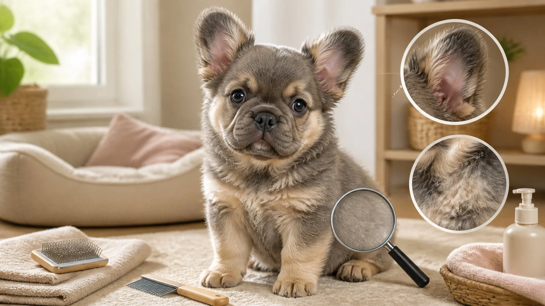 A fluffy French bulldog puppy sits at home beside a brush, towel, comb, and soft dog bed.
