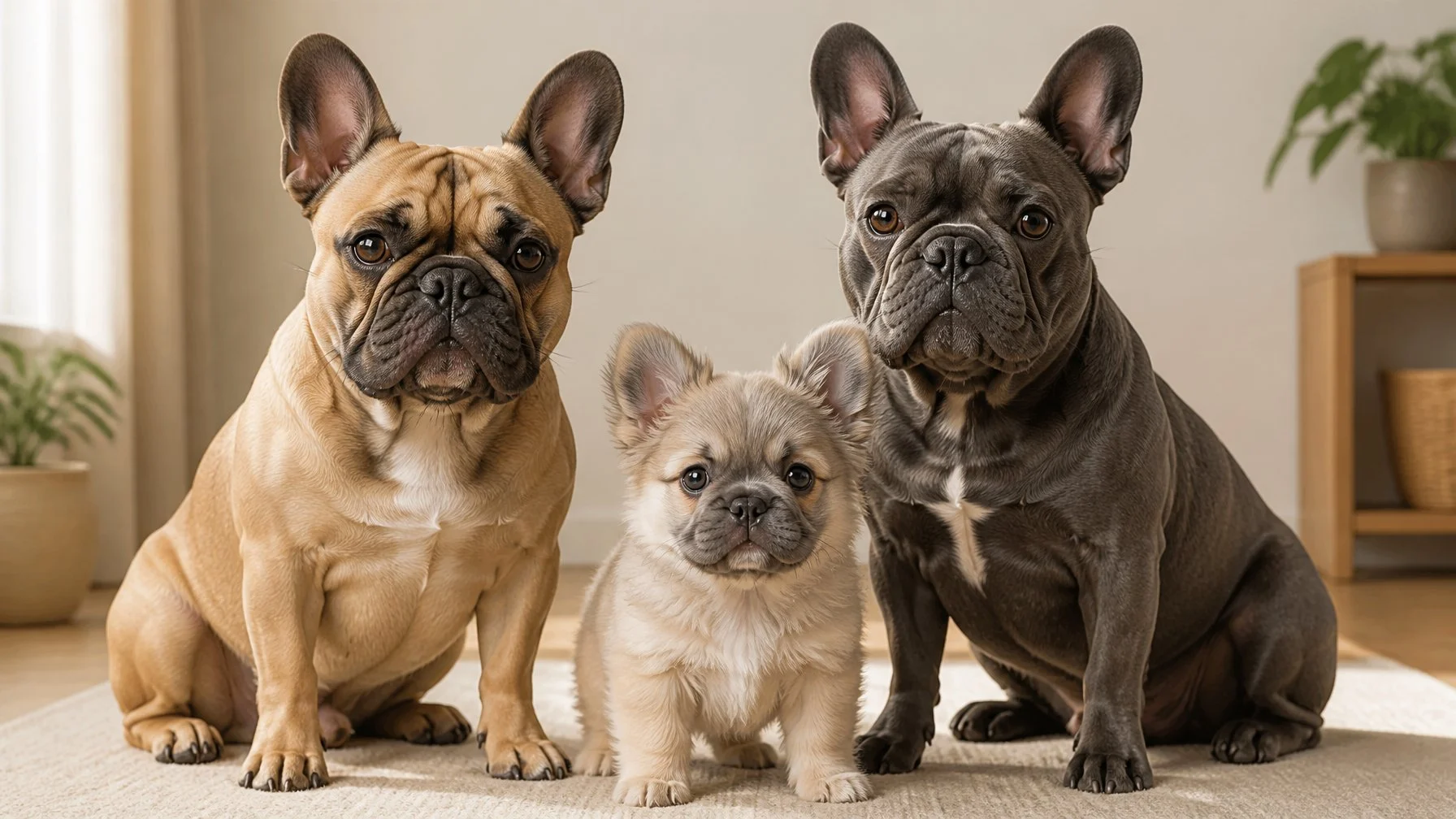 Two smooth-coated French Bulldogs sit beside their fluffy-coated puppy.